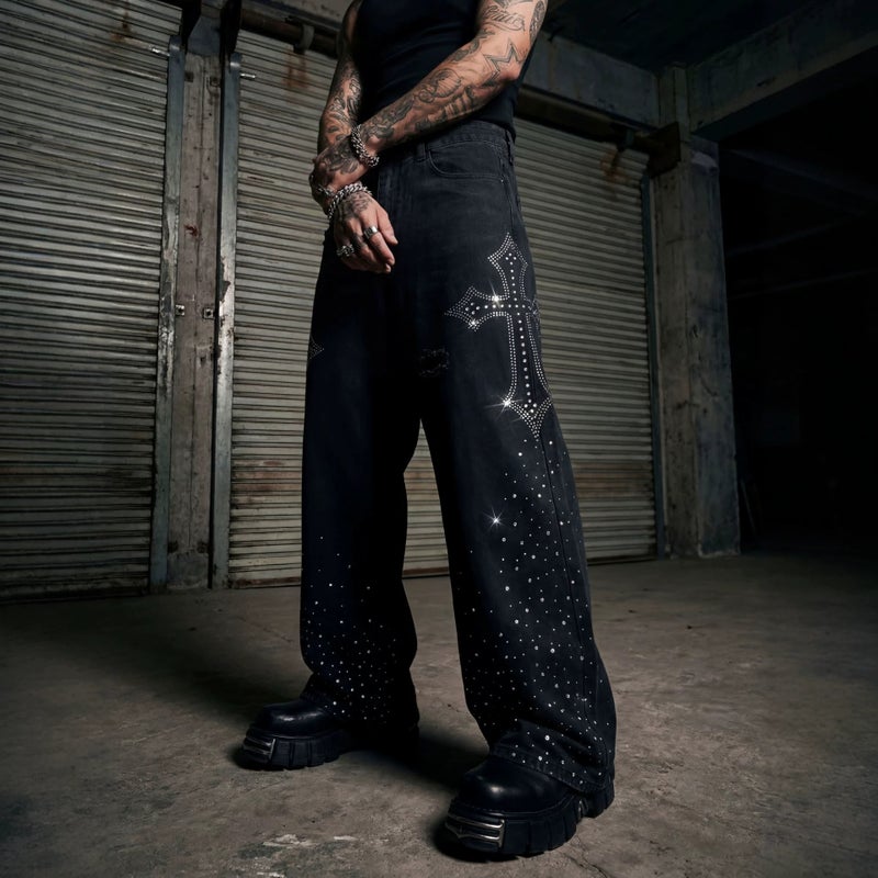 Men's Rhinestone Cross Distressed Jeans, Wide Leg Loose Fit - Image 4