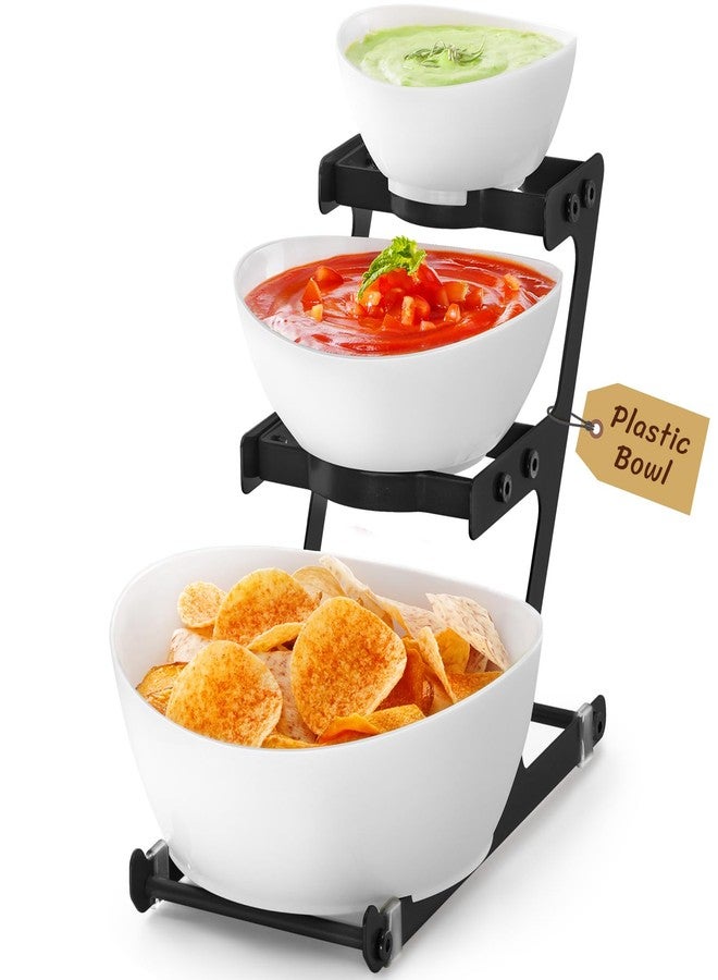 Lifewit 3 Tier Plastic Serving Bowls with Metal Stand, Chips and Dip Serving Tray Set for Entertaining Party, Crack-Proof Serving Platters for Fruit/Salad/Snack/Dessert Appetizer/Candy, Black - Image 1