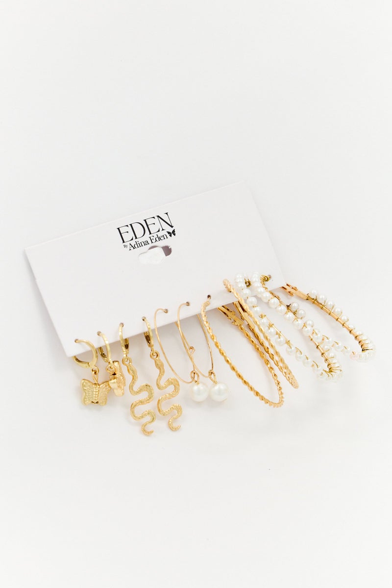 Eden by Adina Eden Women 5 Pairs Butterflies, Snakes, Pearls Earrings Set, Multicolor - Image 1