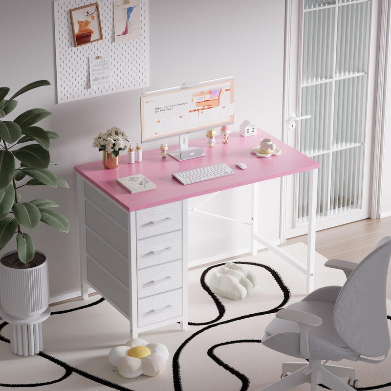 Pamray 32 Inch Computer Desk with 4 Drawers Small Office Desk for Home Bedroom Study Writing Simple Modern Computer Table Pink - Image 2