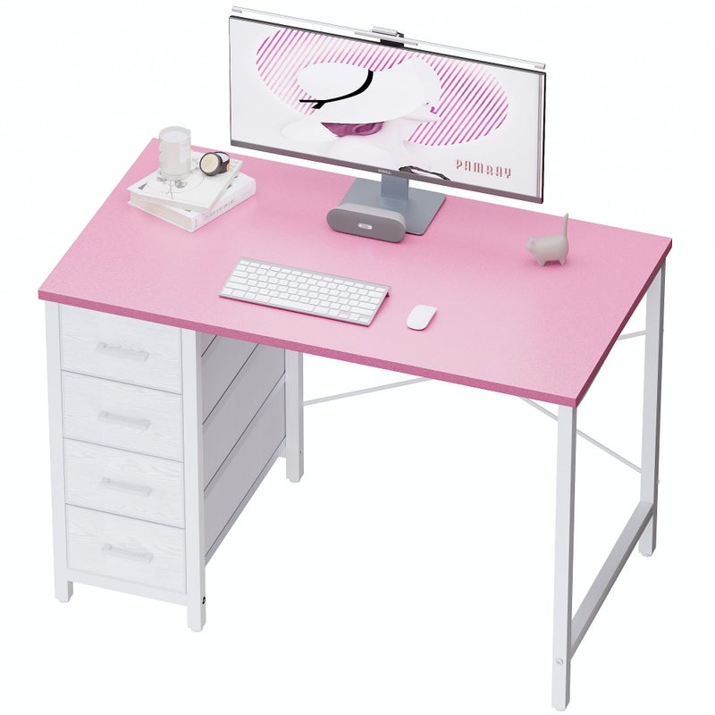 Pamray 32 Inch Computer Desk with 4 Drawers Small Office Desk for Home Bedroom Study Writing Simple Modern Computer Table Pink - Image 1