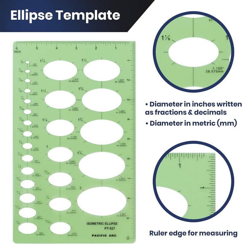 Pacific Arc Isometric Ellipse Guide Template, 27 Total Ellipse from 1/8 Inch to 2 Inch with Inch Graduations - Image 3