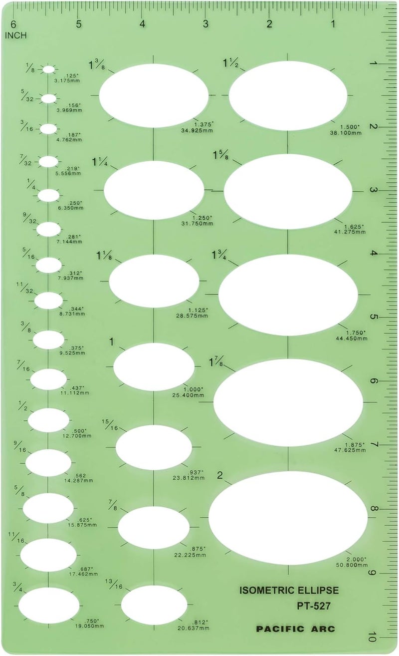 Pacific Arc Isometric Ellipse Guide Template, 27 Total Ellipse from 1/8 Inch to 2 Inch with Inch Graduations - Image 1