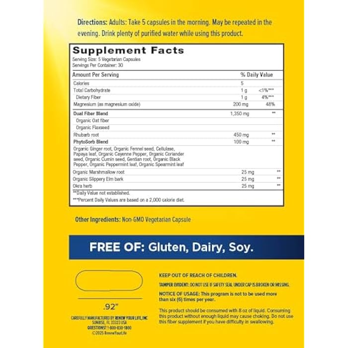 Renew Your Life Bowel Cleanse with Herbal, Magnesium and Fiber Blend | Helps Relieve Occasional Constipation | Gluten Free | 150 Vegetarian Capsules - Image 3