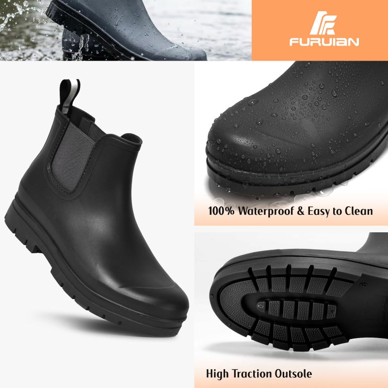 Furuian Women's Ankle Rain Boots Waterproof Chelsea Rain Boots Rubber Boots Women Short Garden Boots Anti Slip Outdoor Lightweight Work Bootiesï¼ŒBlackï¼Œ8 - Image 3