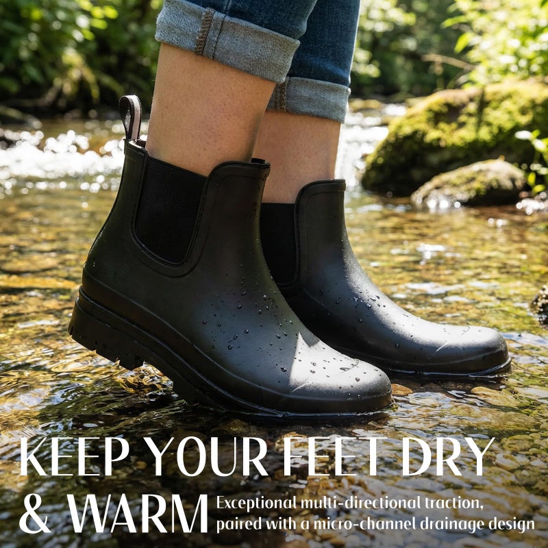 Furuian Women's Ankle Rain Boots Waterproof Chelsea Rain Boots Rubber Boots Women Short Garden Boots Anti Slip Outdoor Lightweight Work Bootiesï¼ŒBlackï¼Œ8 - Image 2