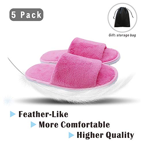 KHC-KHF Spa Slipper- 5 Pairs of Velvet Open Toe Slippers with Travel Bags- One Size Fit Most Men and Women for Spa, Party Guest, Hotel and Travel, Washable and Non-Disposable Pink - Image 2