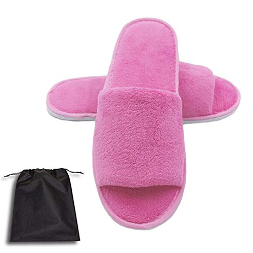 KHC-KHF Spa Slipper- 5 Pairs of Velvet Open Toe Slippers with Travel Bags- One Size Fit Most Men and Women for Spa, Party Guest, Hotel and Travel, Washable and Non-Disposable Pink - Image 1