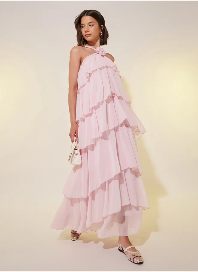 ستايلي Women Pink Solid Halter Neck Tiered  Maxi Dress with Corsage Detail