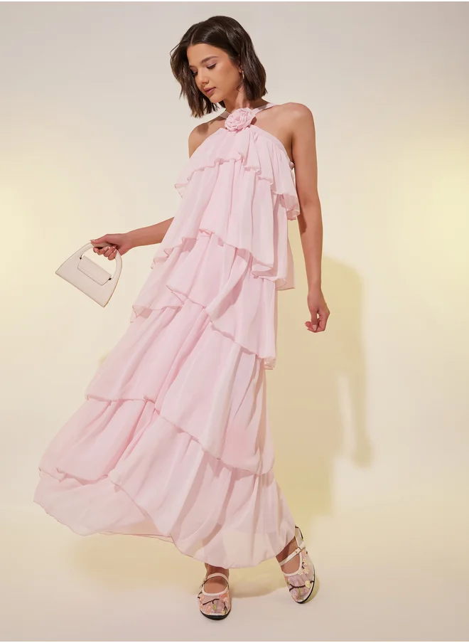 ستايلي Women Pink Solid Halter Neck Tiered  Maxi Dress with Corsage Detail