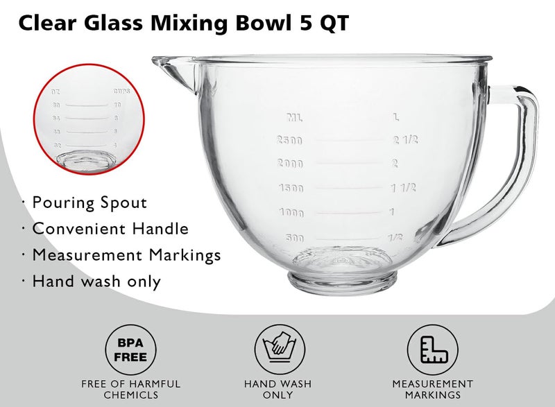 FOTRIC وعاء خلط زجاجي سعة 5 QT لخفاقات كيتشن إيد 4.5 و 5 لتر، يناسب طراز أرتيزان KSM150، RRK150، KSM100، K45SS، KSM90، KSM95، K45، KSM110، 5KSM125 والمزيد - Image 2