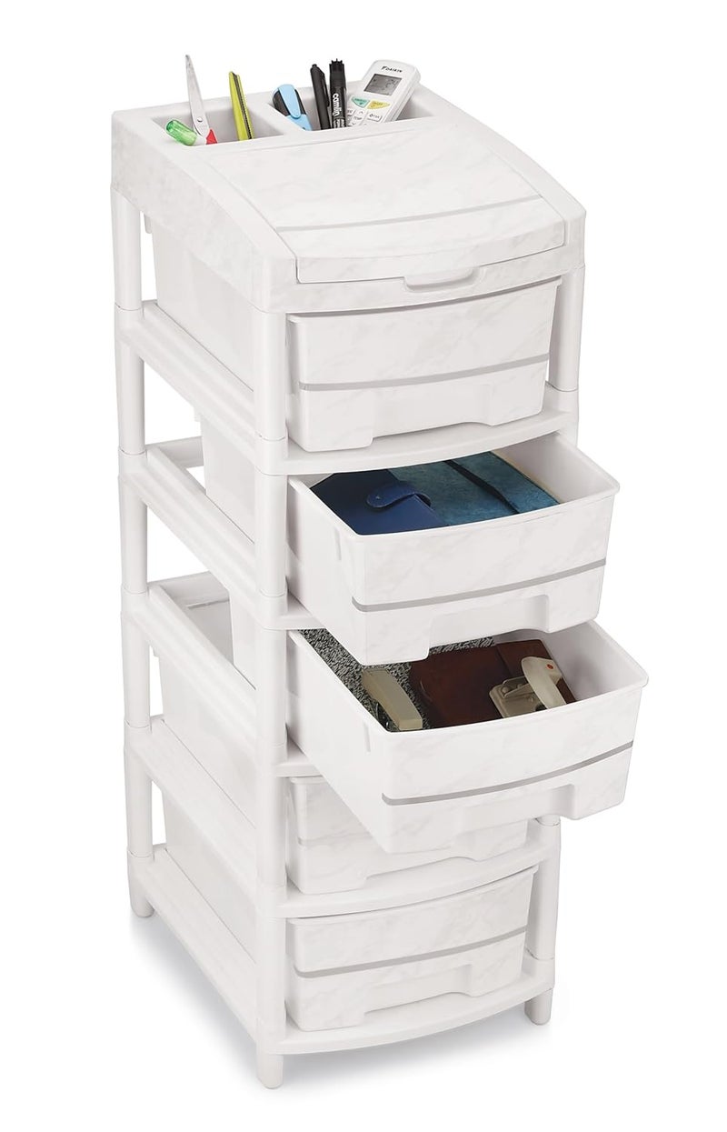 Nabhya Granite Finish Design Multipurpose 5 Layer Drawer With Extra Upper Cabinet Box Plastic Modular Chest Storage Organizer Home Office Parlor School Doctors Home Kids White 5_Rack_Drawer - Image 1