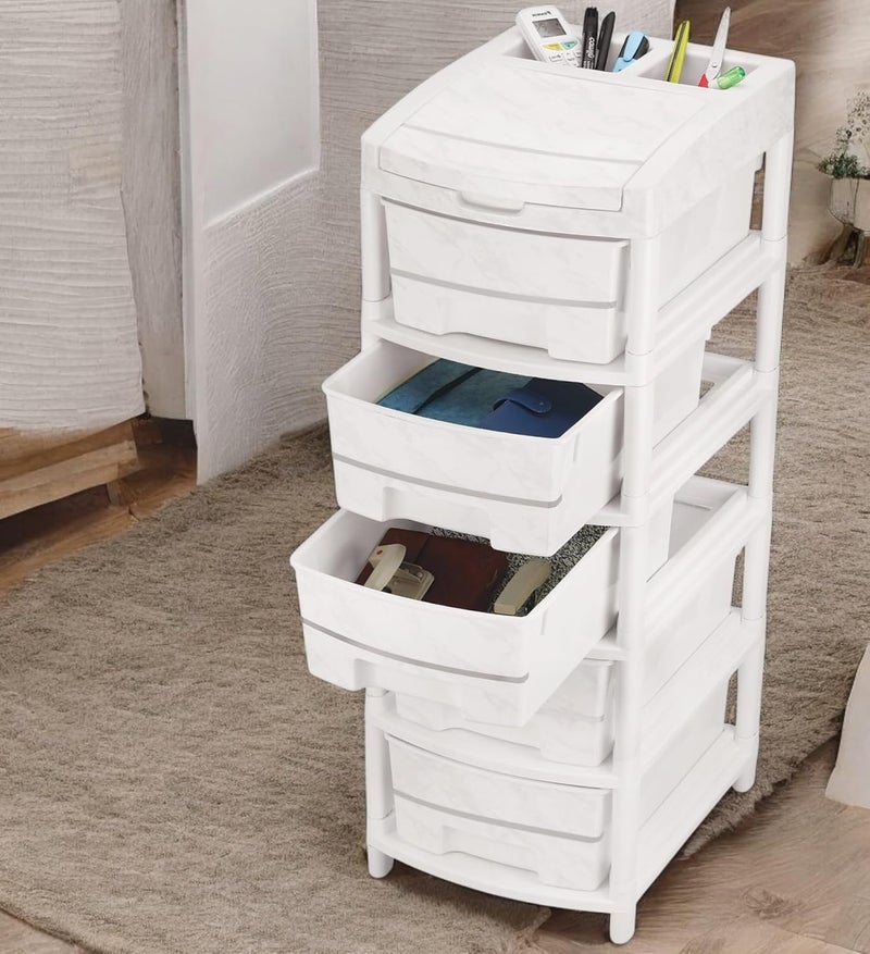 Nabhya Granite Finish Design Multipurpose 5 Layer Drawer With Extra Upper Cabinet Box Plastic Modular Chest Storage Organizer Home Office Parlor School Doctors Home Kids White 5_Rack_Drawer - Image 2