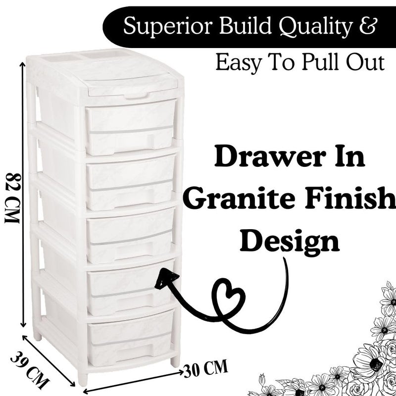 Nabhya Granite Finish Design Multipurpose 5 Layer Drawer With Extra Upper Cabinet Box Plastic Modular Chest Storage Organizer Home Office Parlor School Doctors Home Kids White 5_Rack_Drawer - Image 3