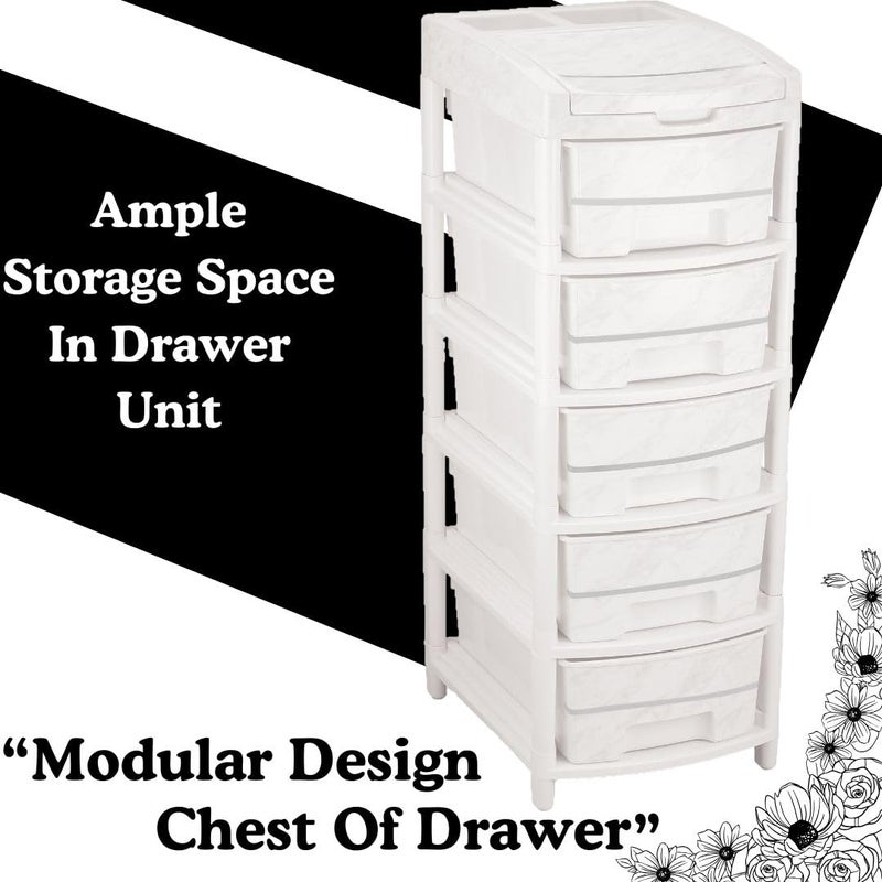 Nabhya Granite Finish Design Multipurpose 5 Layer Drawer With Extra Upper Cabinet Box Plastic Modular Chest Storage Organizer Home Office Parlor School Doctors Home Kids White 5_Rack_Drawer - Image 5
