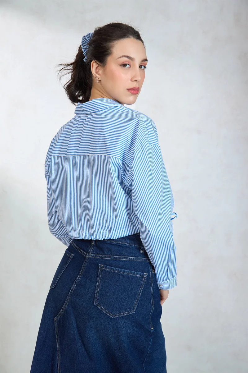 Virgio Cotton Relaxed Workwear Tie Hem Striped Shirts for Women