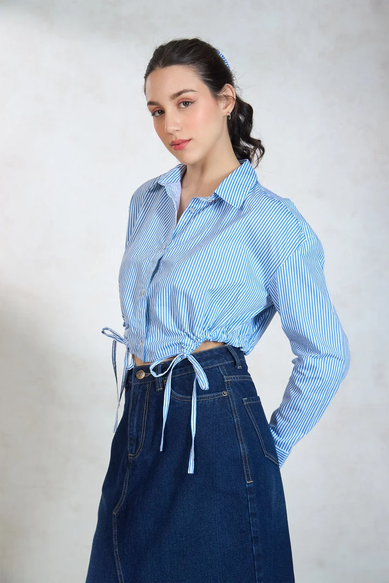 فيرجيو Cotton Relaxed Workwear Tie Hem Striped Shirts for Women