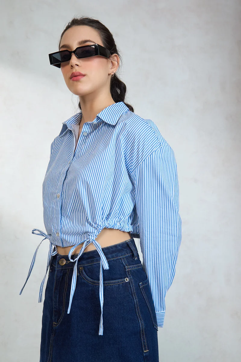Virgio Cotton Relaxed Workwear Tie Hem Striped Shirts for Women