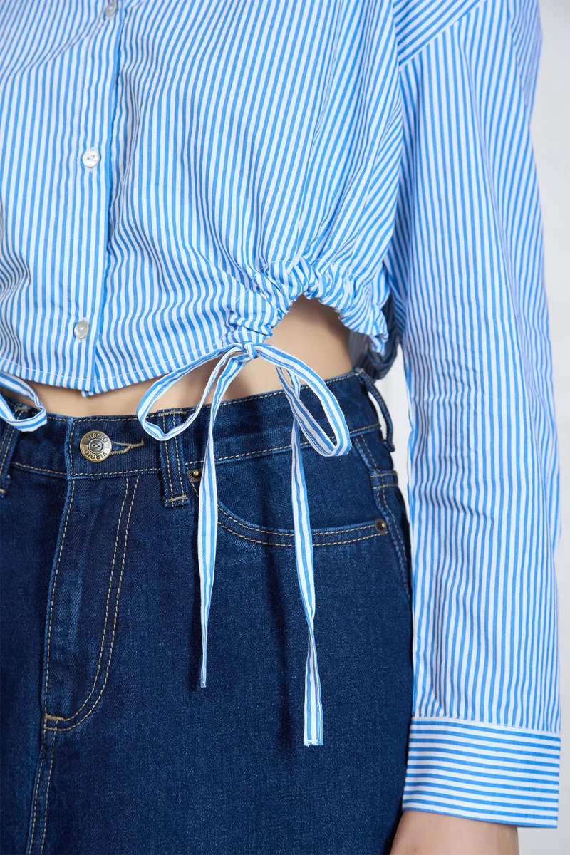 Virgio Cotton Relaxed Workwear Tie Hem Striped Shirts for Women