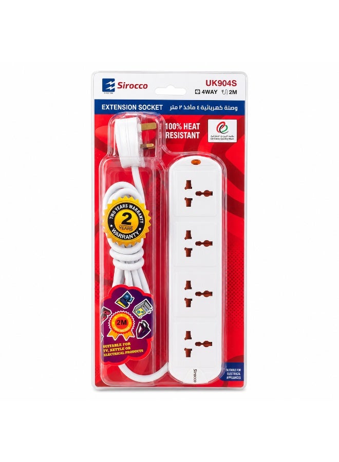 SIROCCO UK904S 4-Way Universal Extension Socket with 2 m Cable, 13A 3250W, Heat-Resistant, UK Fused 3-Pin Plug, White - Image 2