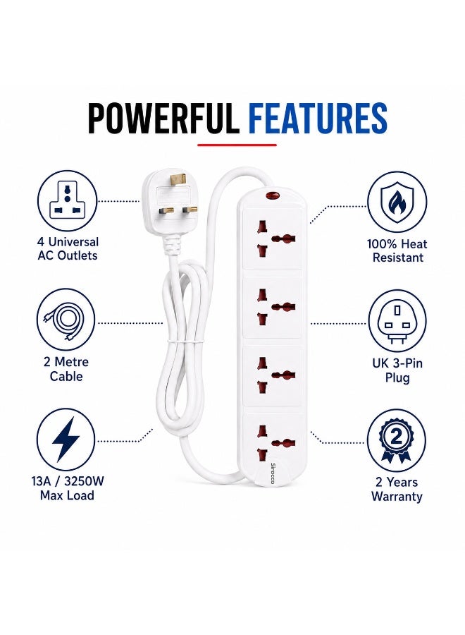 SIROCCO UK904S 4-Way Universal Extension Socket with 2 m Cable, 13A 3250W, Heat-Resistant, UK Fused 3-Pin Plug, White - Image 3