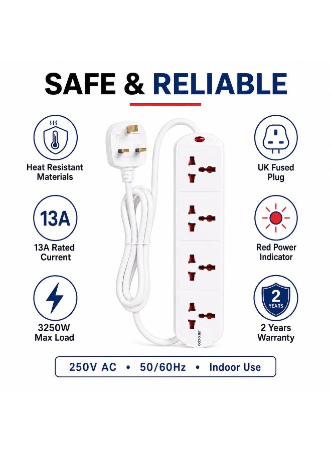 SIROCCO UK904S 4-Way Universal Extension Socket with 2 m Cable, 13A 3250W, Heat-Resistant, UK Fused 3-Pin Plug, White - Image 5