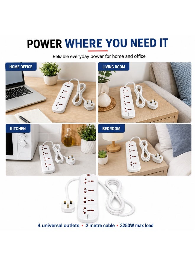 SIROCCO UK904S 4-Way Universal Extension Socket with 2 m Cable, 13A 3250W, Heat-Resistant, UK Fused 3-Pin Plug, White - Image 4