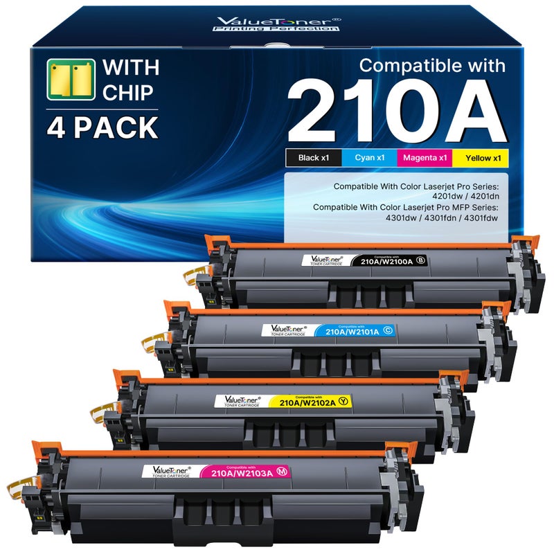Valuetoner خراطيش حبر 210A 4 عبوات (مع شريحة) - بديل لخراطيش حبر HP 210A 210X لطابعة HP Color LaserJet Pro MFP 4301fdw، MFP Pro 4301fdn 4201dw 4201dn 4301 4201 سلسلة الطابعات W2100A - Image 1