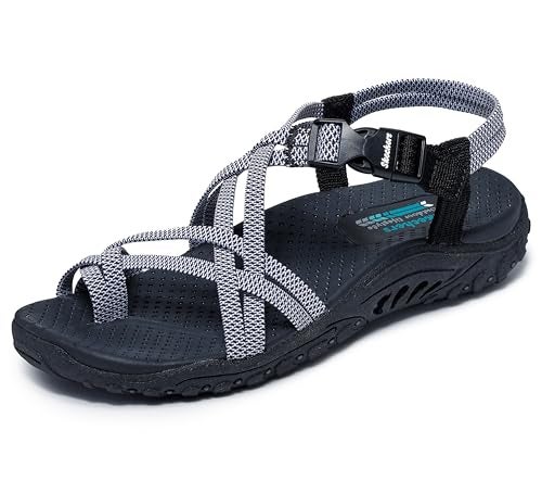 Skechers womens Reggae - IRIE MON -Multi Strap Toe Thong Sandal , Black/White, 7 - Image 1