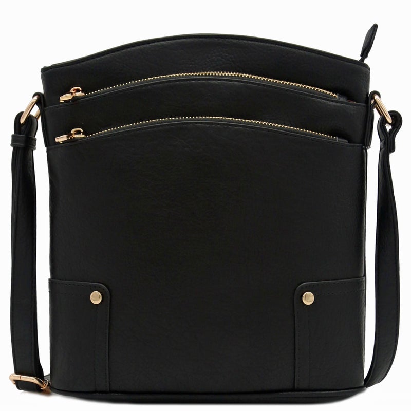 ALYSSA Triple Zip Pocket Large Crossbody Bag Black
