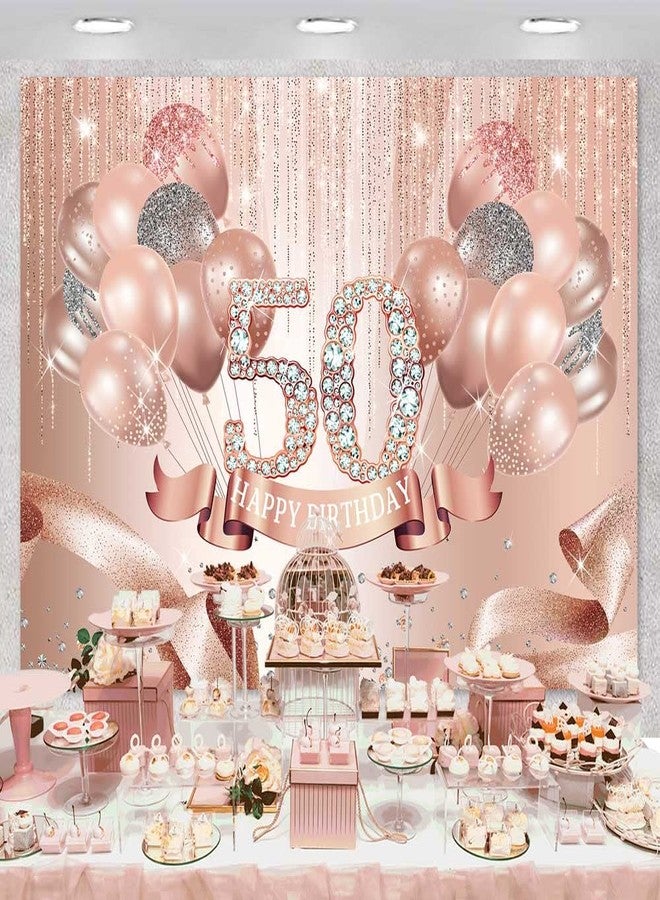 Sensfun Rose Gold Happy 50th Birthday Backdrop Banner Glitter Diamonds Balloons Ribbon Fabulous 50 Birthday Background Fifty Years Old Age Women Birthday Party Decorations Cake Table Supplies 7x5ft - Image 2