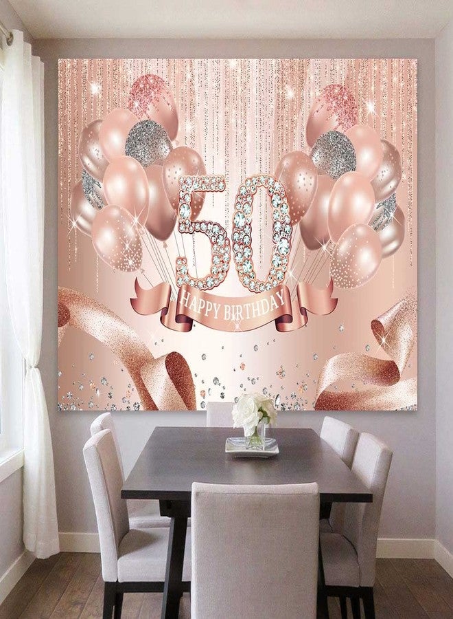 Sensfun Rose Gold Happy 50th Birthday Backdrop Banner Glitter Diamonds Balloons Ribbon Fabulous 50 Birthday Background Fifty Years Old Age Women Birthday Party Decorations Cake Table Supplies 7x5ft - Image 4