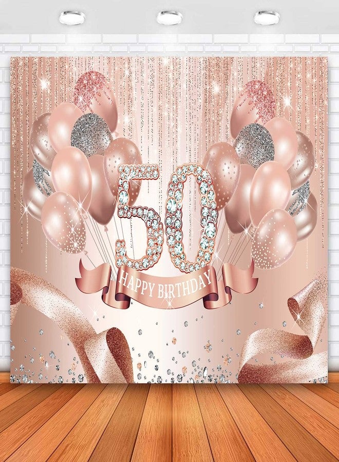 Sensfun Rose Gold Happy 50th Birthday Backdrop Banner Glitter Diamonds Balloons Ribbon Fabulous 50 Birthday Background Fifty Years Old Age Women Birthday Party Decorations Cake Table Supplies 7x5ft - Image 1