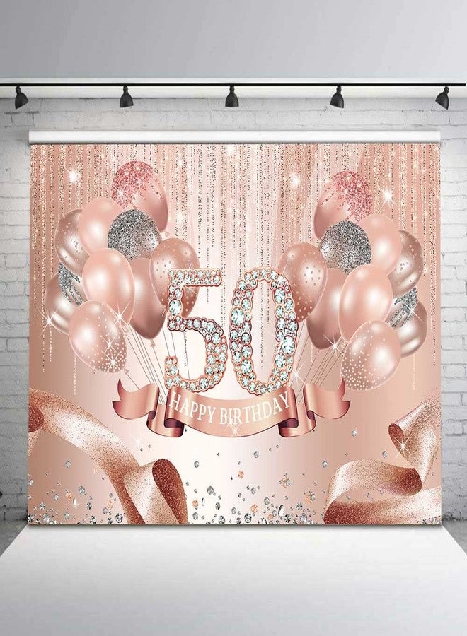 Sensfun Rose Gold Happy 50th Birthday Backdrop Banner Glitter Diamonds Balloons Ribbon Fabulous 50 Birthday Background Fifty Years Old Age Women Birthday Party Decorations Cake Table Supplies 7x5ft - Image 3