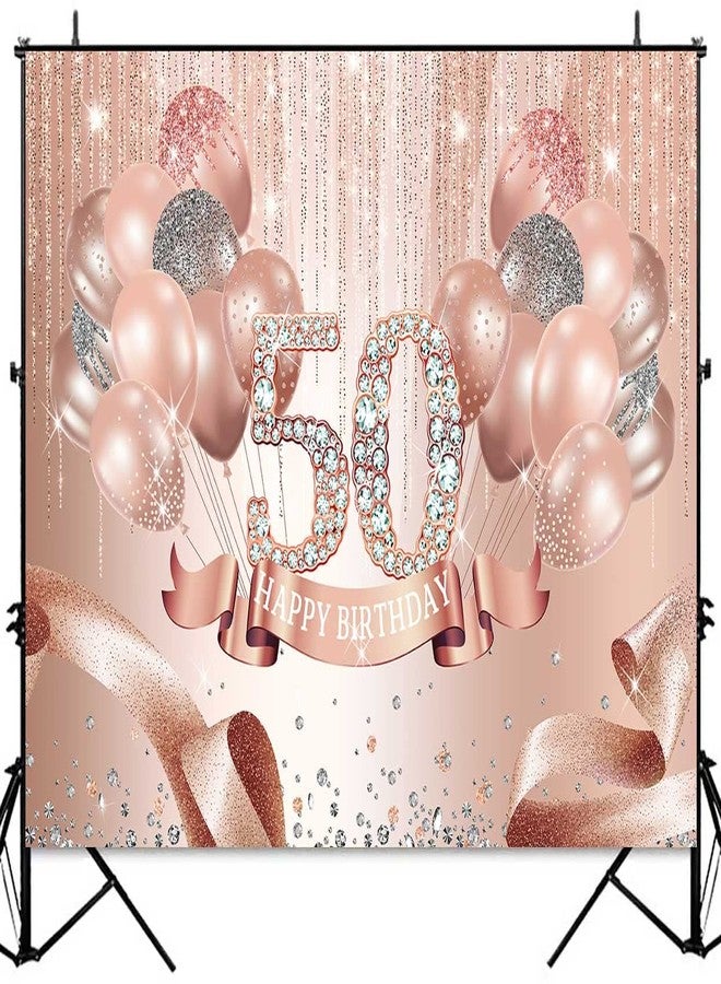 Sensfun Rose Gold Happy 50th Birthday Backdrop Banner Glitter Diamonds Balloons Ribbon Fabulous 50 Birthday Background Fifty Years Old Age Women Birthday Party Decorations Cake Table Supplies 7x5ft - Image 5