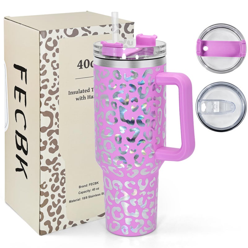 FECBK 40 oz Tumbler with Handle and Straw 100 LeakProof Travel Mug Stainless Steel Double Wall Vacuum Insulated Coffee Cup Keeps Cold For 34 Hours Dishwasher Safe Lavender Rose Leopard