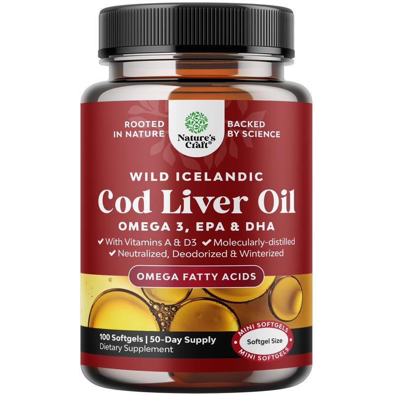 Natures Craft Icelandic Wild Caught Cod Liver Oil Softgels Fish Omega 3 EPA DHA Vitamin D A 1000mg Per Serving Burpless Capsules for Heart Joint Brain Immune Support 100 Count 