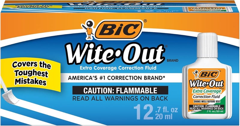 Bic Wite Out Extra Coverage Correction Fluid, 20 mL, White, Covers The Toughest Mistakes, 12-Count Pack - Image 1