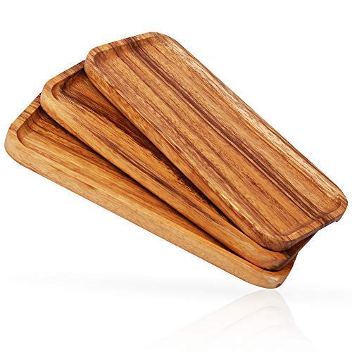 Peace of Mind Product 118 Inch Solid Wood Serving Platters and Trays Set of 3 Highly Durable Dishwasher Safe Rectangular Party Plates Avoid Sliding and Spilling Food with Easy Carry Grooved Handle Design 