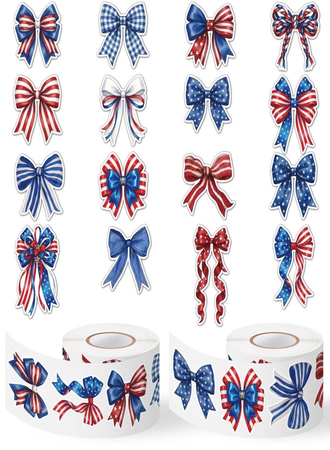 BkeeCten Patriotic Bow Stickers Roll - 16 Unique Red White Blue Vinyl Self Adhesive Durable Waterproof Decals for Scrapbooking Laptop Water Bottle Independence Day 4th of July Party Craft Supplies - Image 1