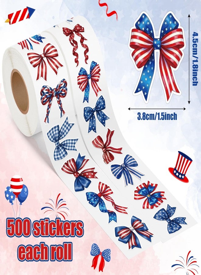 BkeeCten Patriotic Bow Stickers Roll - 16 Unique Red White Blue Vinyl Self Adhesive Durable Waterproof Decals for Scrapbooking Laptop Water Bottle Independence Day 4th of July Party Craft Supplies - Image 2