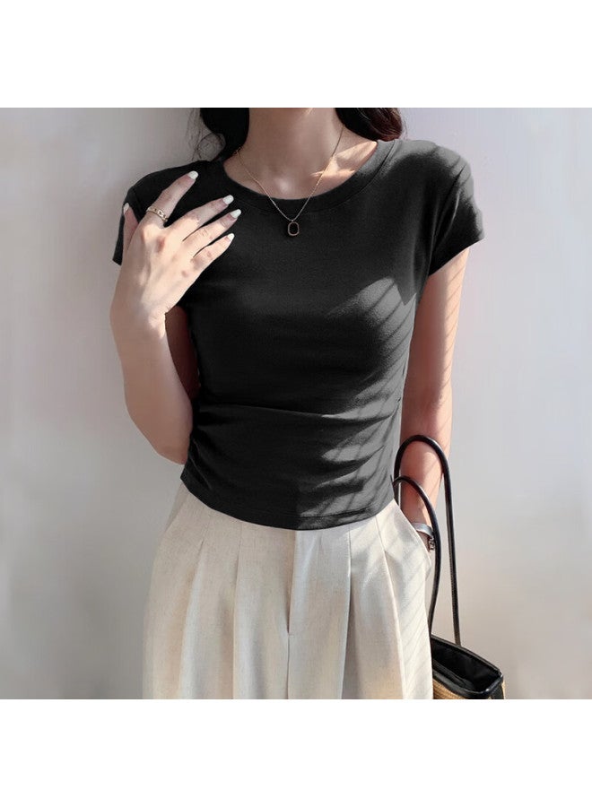 Nome Round Neck Regular Shoulder Short Sleeve T-shirt For Women, Summer New Style, Small Flutter Sleeves, Waist-cinching Pleated Top, White, 2XL - Image 4