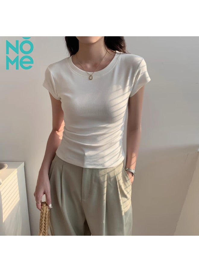 Nome Round Neck Regular Shoulder Short Sleeve T-shirt For Women, Summer New Style, Small Flutter Sleeves, Waist-cinching Pleated Top, White, 2XL - Image 1