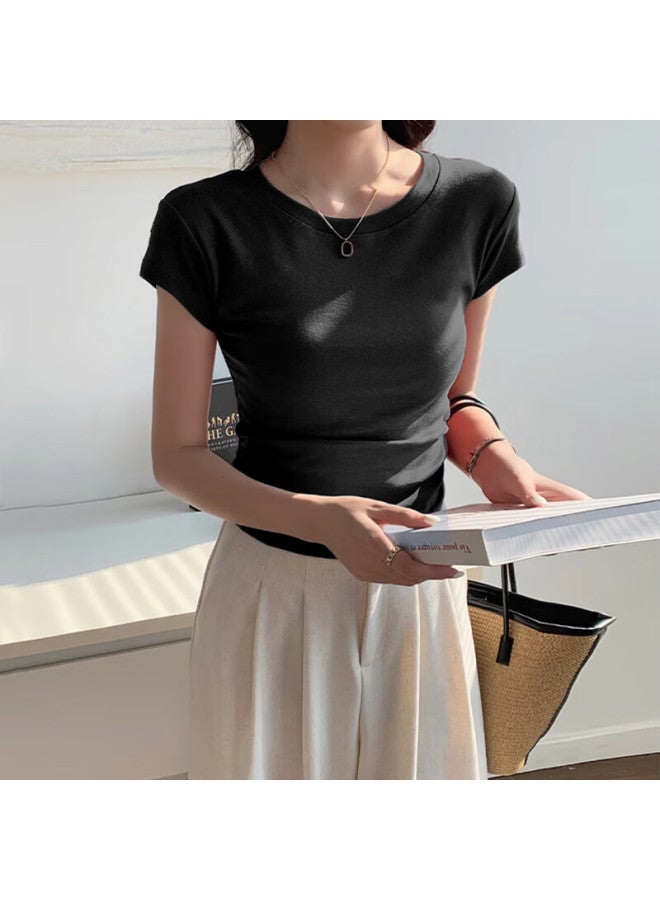 Nome Round Neck Regular Shoulder Short Sleeve T-shirt For Women, Summer New Style, Small Flutter Sleeves, Waist-cinching Pleated Top, White, 2XL - Image 3