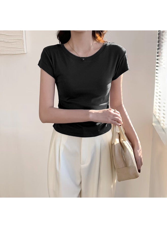 Nome Round Neck Regular Shoulder Short Sleeve T-shirt For Women, Summer New Style, Small Flutter Sleeves, Waist-cinching Pleated Top, White, 2XL - Image 2