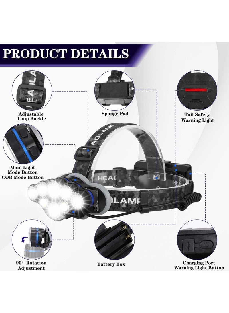 SYOSI مصباح رأس، مصباح رأس قابل لإعادة الشحن فائق السطوع 13000 لومن 8 أوضاع إضاءة، مصباح رأس خفيف الوزن ومقاوم للماء، مصباح يدوي بدون استخدام اليدين للعمل، الصيد، التخييم، الجري - Image 5