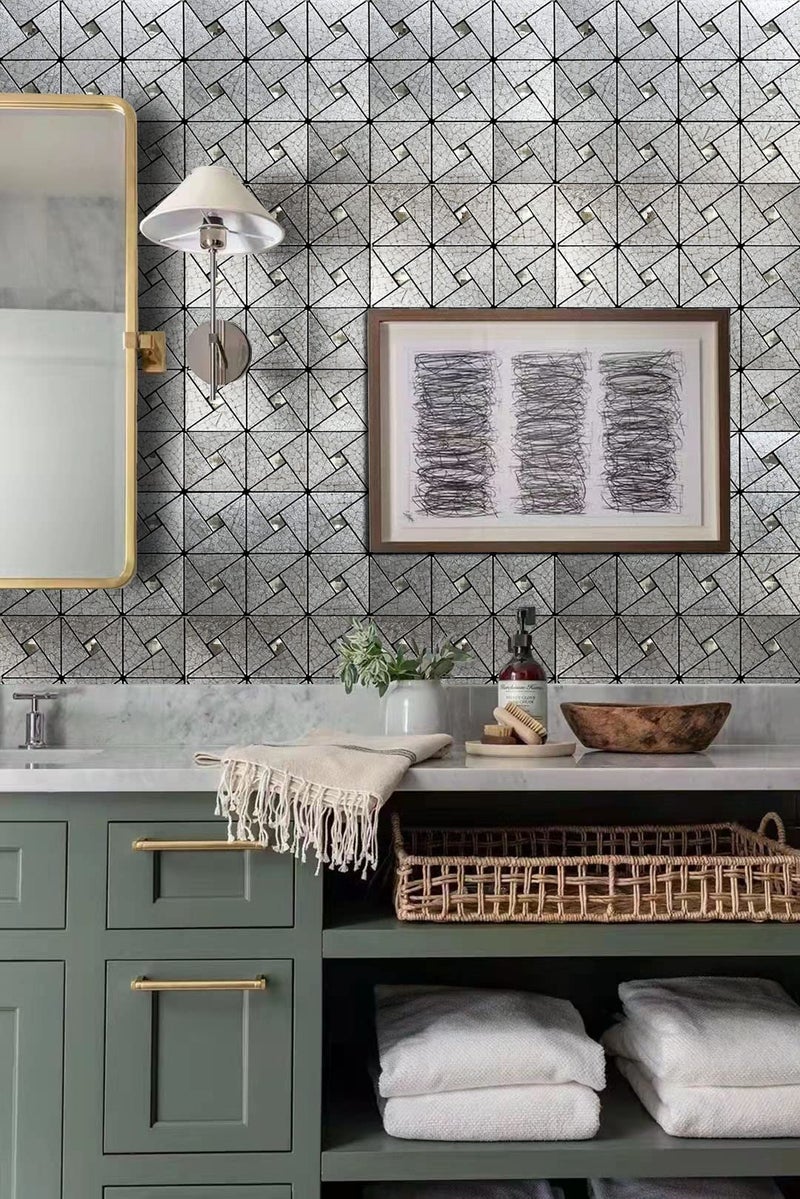 XUANINY 10-Sheet Peel and Stick Backsplash Tile,Windmill Plus Glass Self-Adhesive Sticker Metal Aluminum Mosaic Tiles for Kitchen Decor ，Fireplace Bathroom, Bedroom (10 Sheets, Silver Print) - Image 4