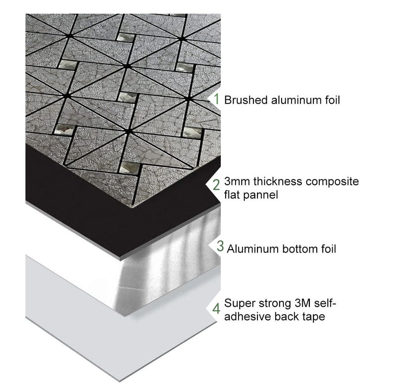 XUANINY 10-Sheet Peel and Stick Backsplash Tile,Windmill Plus Glass Self-Adhesive Sticker Metal Aluminum Mosaic Tiles for Kitchen Decor ，Fireplace Bathroom, Bedroom (10 Sheets, Silver Print) - Image 3