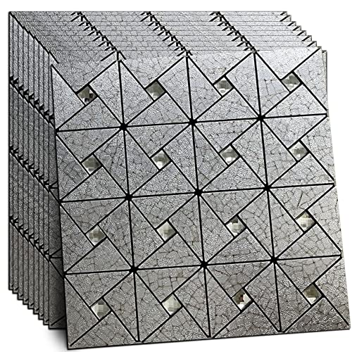 XUANINY 10-Sheet Peel and Stick Backsplash Tile,Windmill Plus Glass Self-Adhesive Sticker Metal Aluminum Mosaic Tiles for Kitchen Decor ，Fireplace Bathroom, Bedroom (10 Sheets, Silver Print) - Image 1