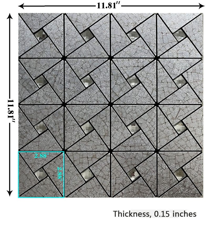 XUANINY 10-Sheet Peel and Stick Backsplash Tile,Windmill Plus Glass Self-Adhesive Sticker Metal Aluminum Mosaic Tiles for Kitchen Decor ，Fireplace Bathroom, Bedroom (10 Sheets, Silver Print) - Image 2